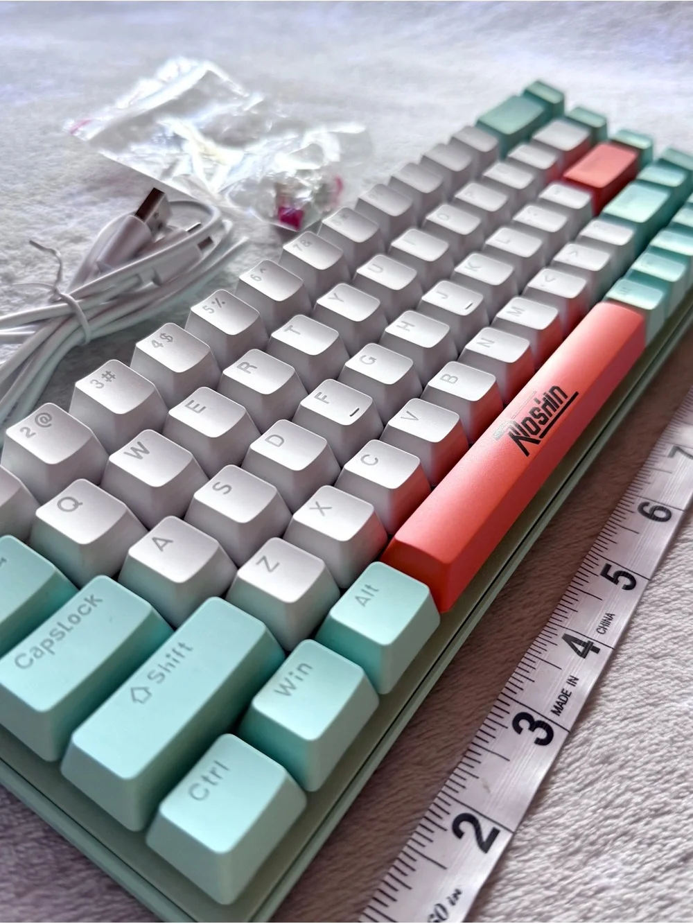 White and Mint 60% Mechanical Keyboard with Coral Accent